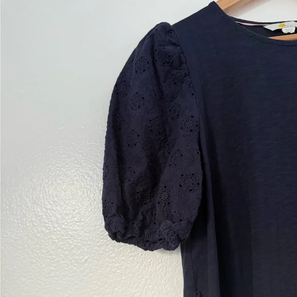 Boden Broderie Mix Jersey Midi Dress 8 Navy Blue Cotton Eyelet Puff Sleeves